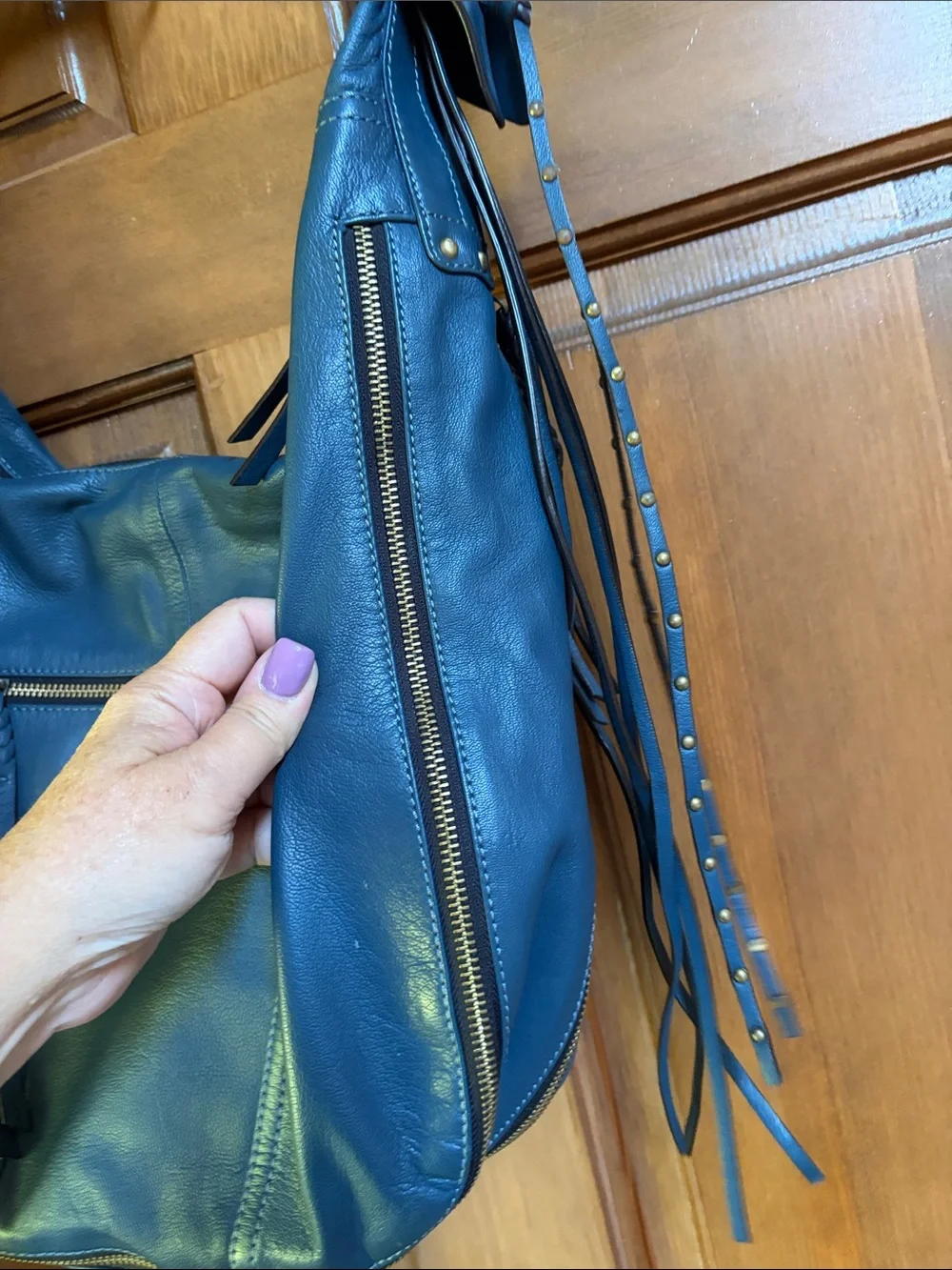 orYANY Teal Leather Fringe Hobo Bag